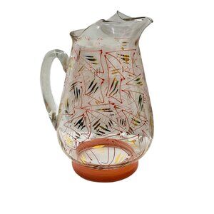 Mid-Century Modern Handpainted Glass Pitcher With Abstract Design & Red Base